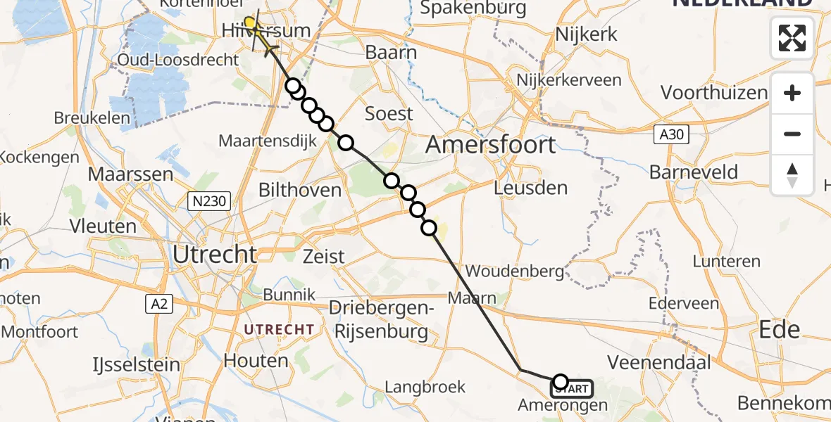 Routekaart van de vlucht: Politiehelikopter naar Hilversum