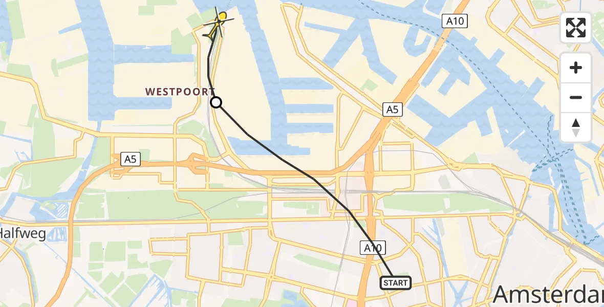 Routekaart van de vlucht: Lifeliner 1 naar Amsterdam Heliport