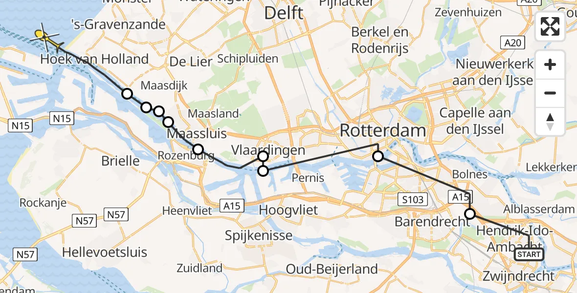 Routekaart van de vlucht: Politieheli naar Hoek van Holland