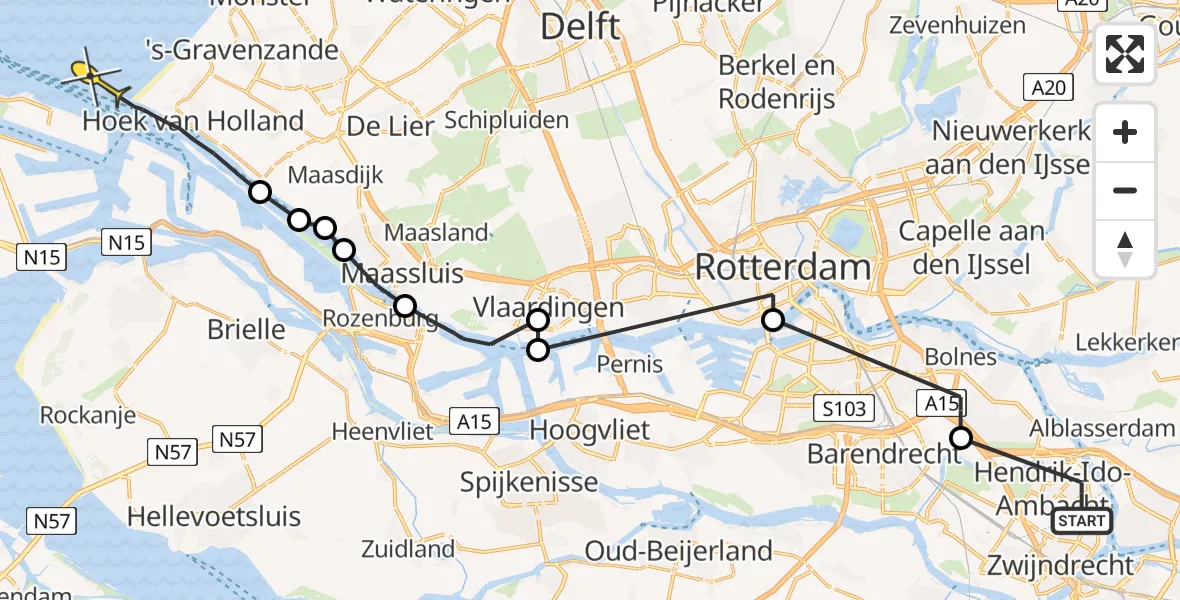 Routekaart van de vlucht: Politiehelikopter naar Hoek van Holland