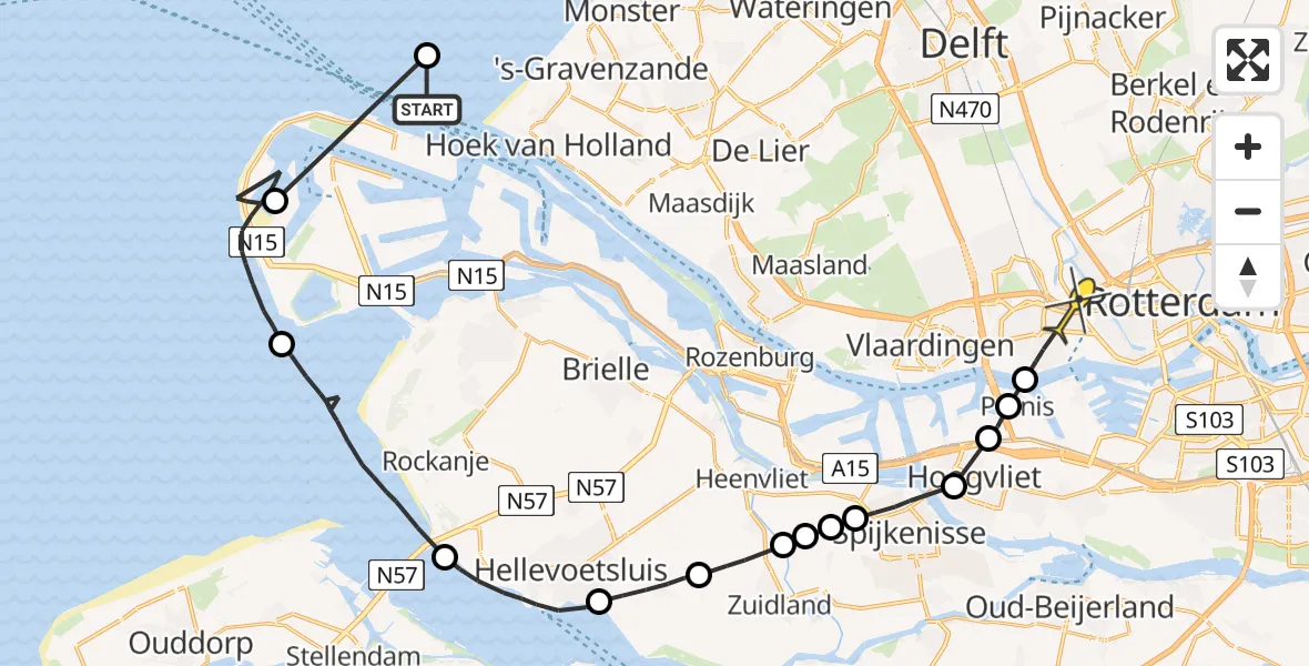 Routekaart van de vlucht: Politieheli naar Rotterdam