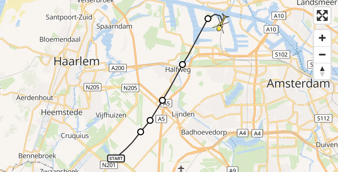 Routekaart van de vlucht: Lifeliner 1 naar Amsterdam Heliport