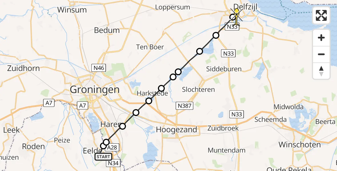 Routekaart van de vlucht: Lifeliner 4 naar Delfzijl