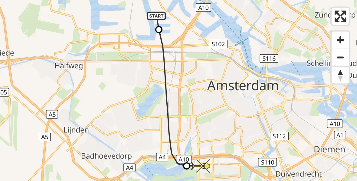 Routekaart van de vlucht: Lifeliner 1 naar VU Medisch Centrum Amsterdam