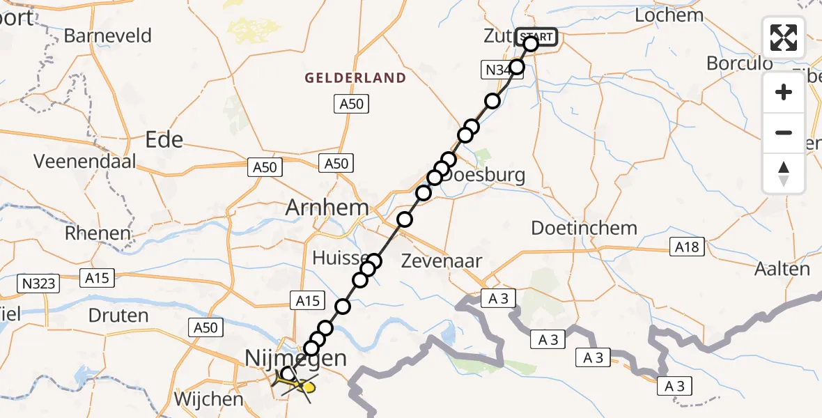 Routekaart van de vlucht: Lifeliner 3 naar Radboud Universitair Medisch Centrum