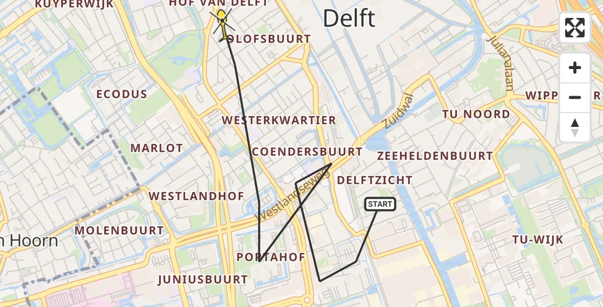 Routekaart van de vlucht: Politieheli naar Delft