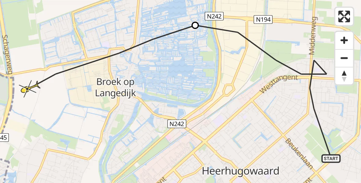 Routekaart van de vlucht: Politiehelikopter naar Broek op Langedijk