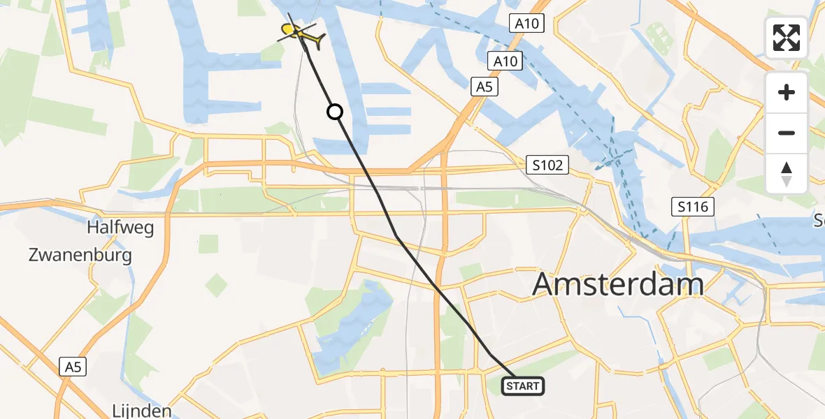 Routekaart van de vlucht: Lifeliner 1 naar Amsterdam Heliport