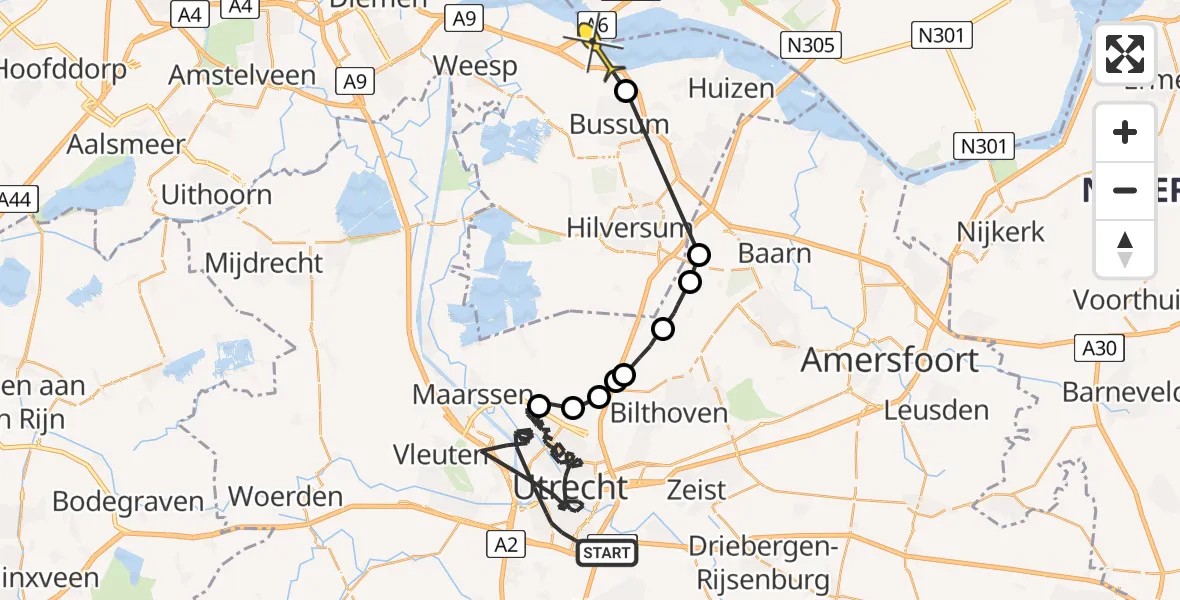 Routekaart van de vlucht: Politiehelikopter naar Naarden