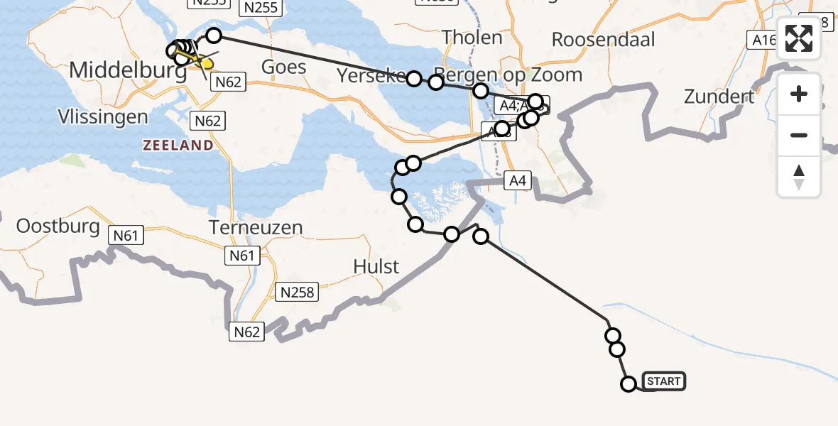 Routekaart van de vlucht: Politieheli naar Vliegveld Midden-Zeeland