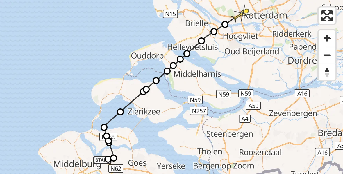 Routekaart van de vlucht: Politieheli naar Schiedam