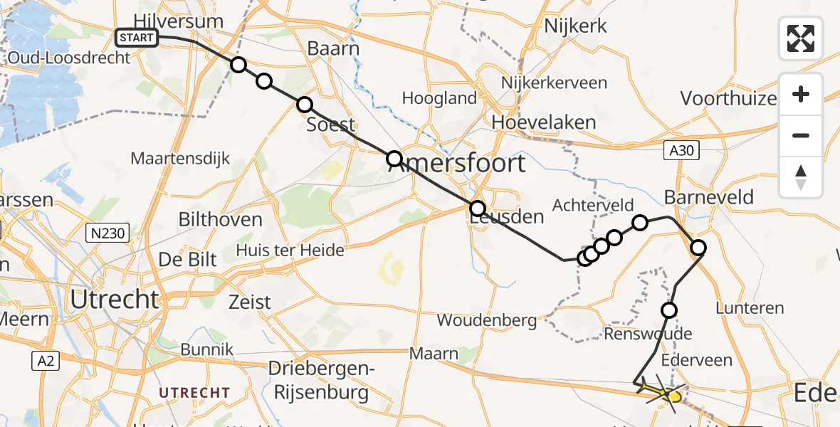 Routekaart van de vlucht: Politieheli naar Veenendaal