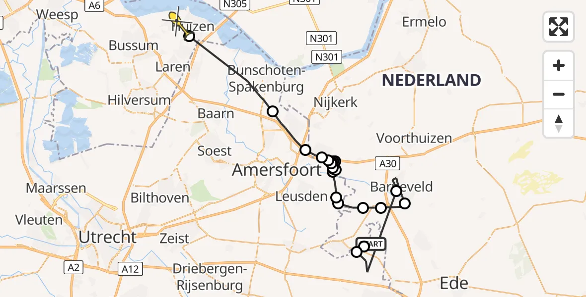 Routekaart van de vlucht: Politiehelikopter naar Huizen