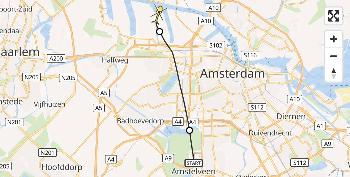 Routekaart van de vlucht: Lifeliner 1 naar Amsterdam Heliport