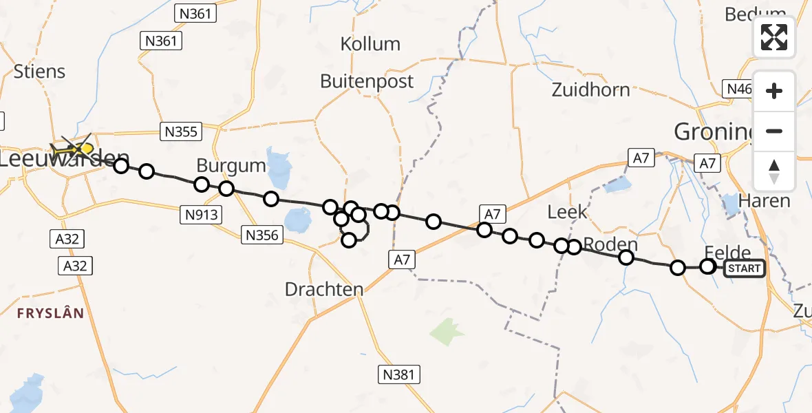 Routekaart van de vlucht: Lifeliner 4 naar Leeuwarden