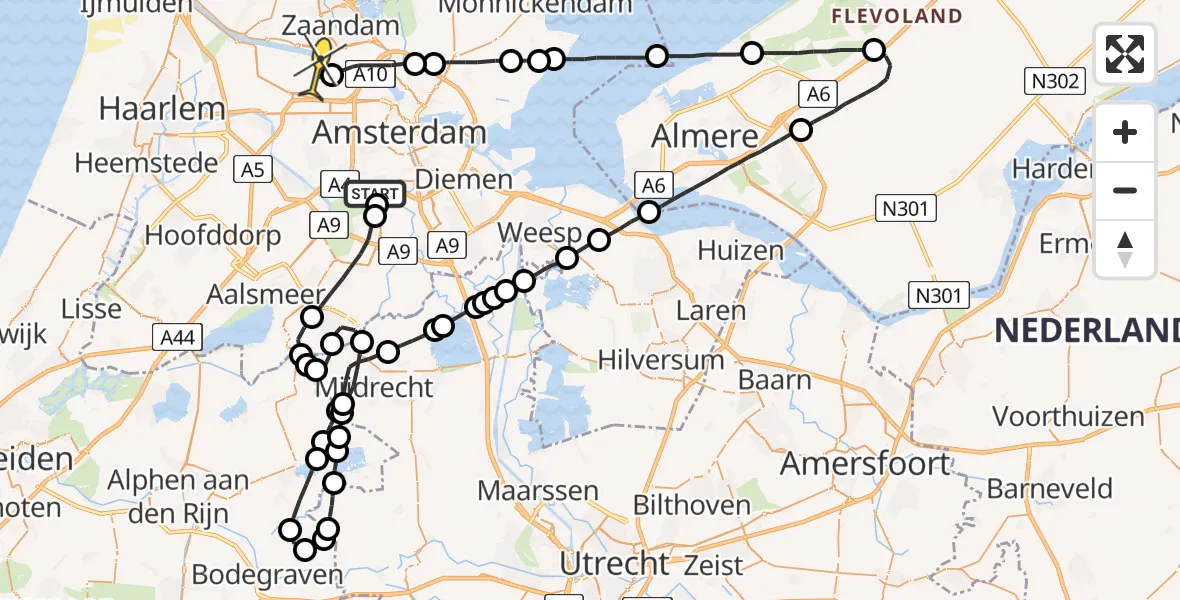 Routekaart van de vlucht: Lifeliner 1 naar Amsterdam Heliport