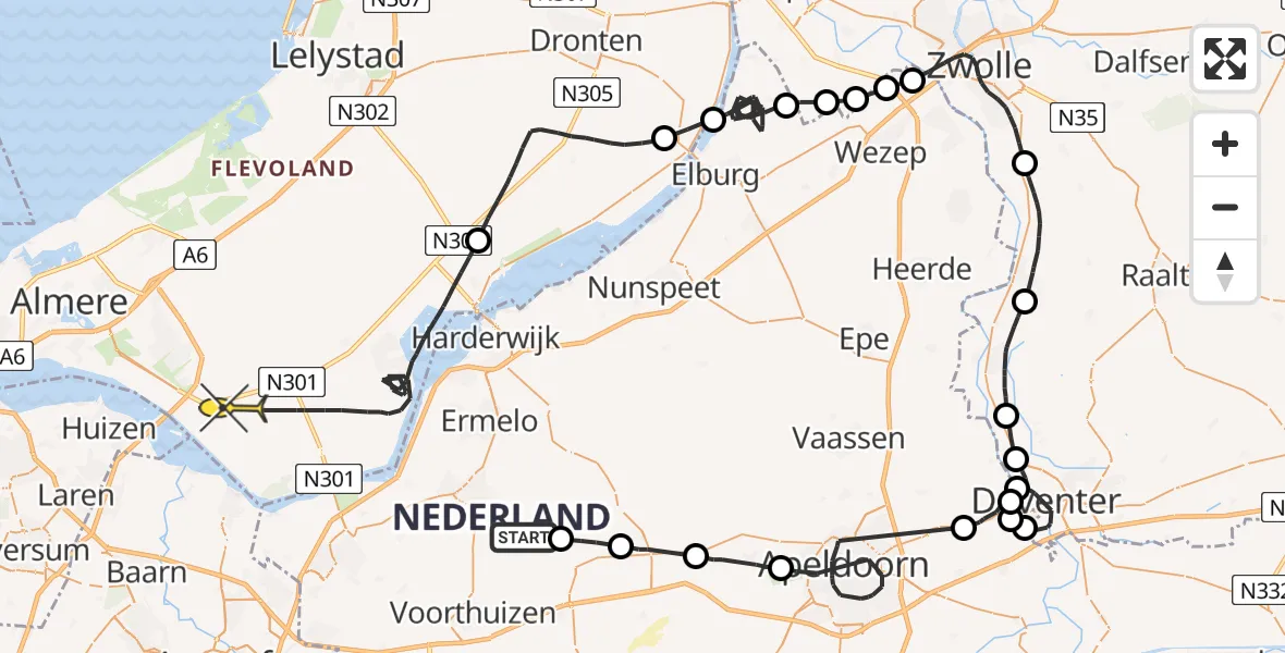 Vluchtroute Politiehelikopter van Putten naar Zeewolde