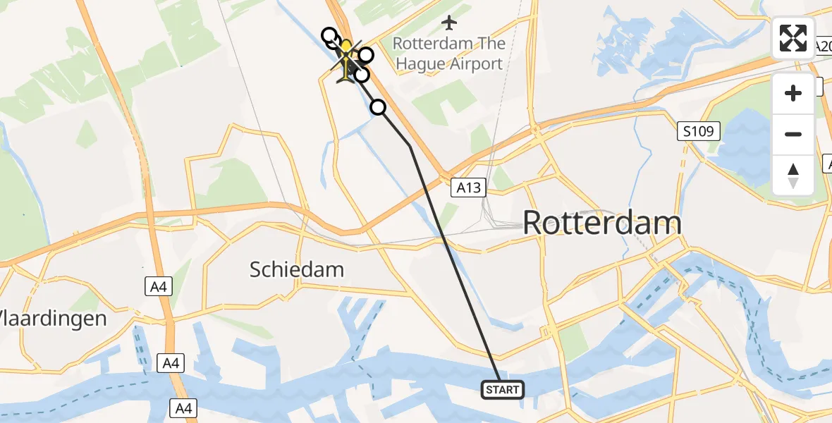 Vluchtroute Politiehelikopter van Rotterdam naar Rotterdam The Hague Airport