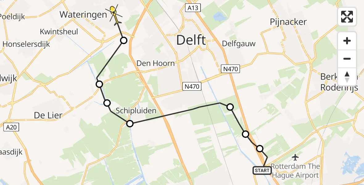 Vluchtroute Politiehelikopter van Rotterdam The Hague Airport naar Den Haag