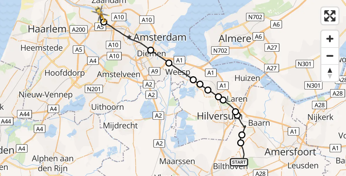 Vluchtroute Traumahelikopter Den Dolder - Amsterdam Heliport, 03 maart 2023, 12:34