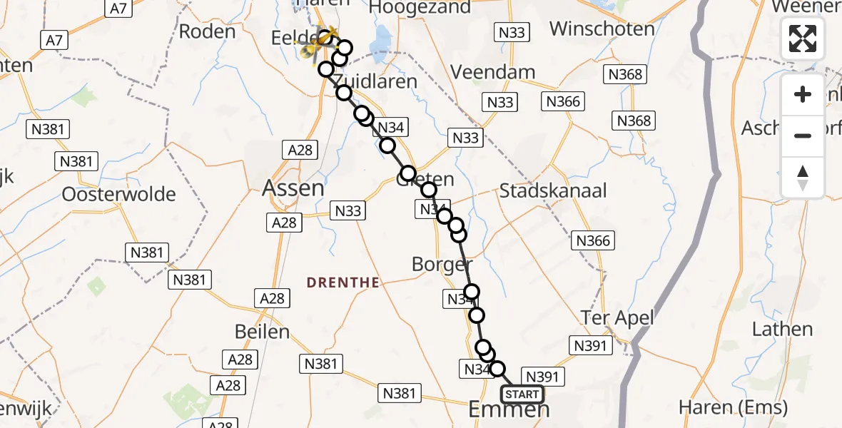 Vluchtroute Traumahelikopter Emmen - Eelde, 03 maart 2023, 13:24