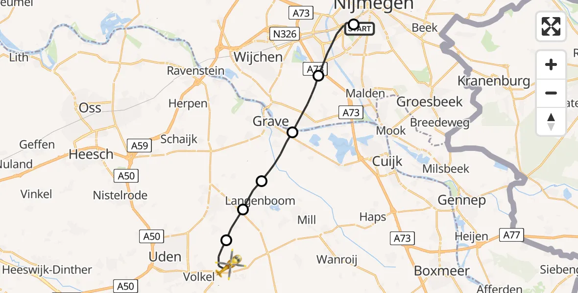 Vluchtroute Traumahelikopter Radboud Universitair Medisch Centrum - Vliegbasis Volkel, 03 maart 2023, 15:03