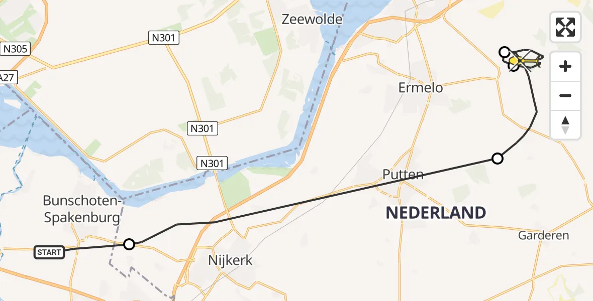 Routekaart van de vlucht: Politieheli naar Ermelo