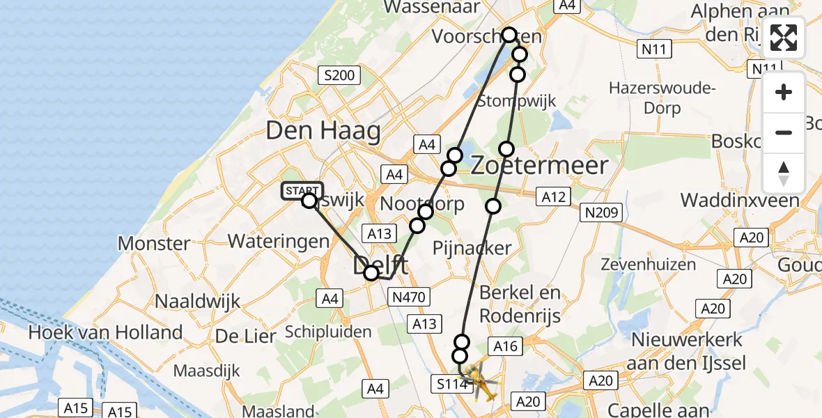 Vluchtroute Traumahelikopter Den Haag - Rotterdam The Hague Airport, 03 maart 2023, 16:27
