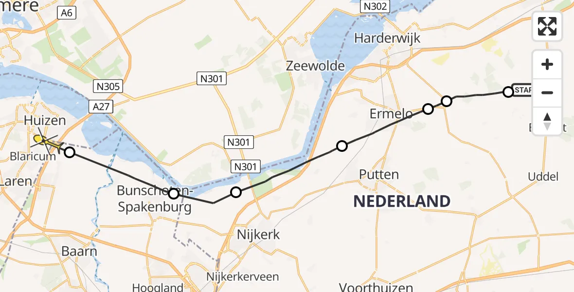 Routekaart van de vlucht: Politiehelikopter naar Blaricum