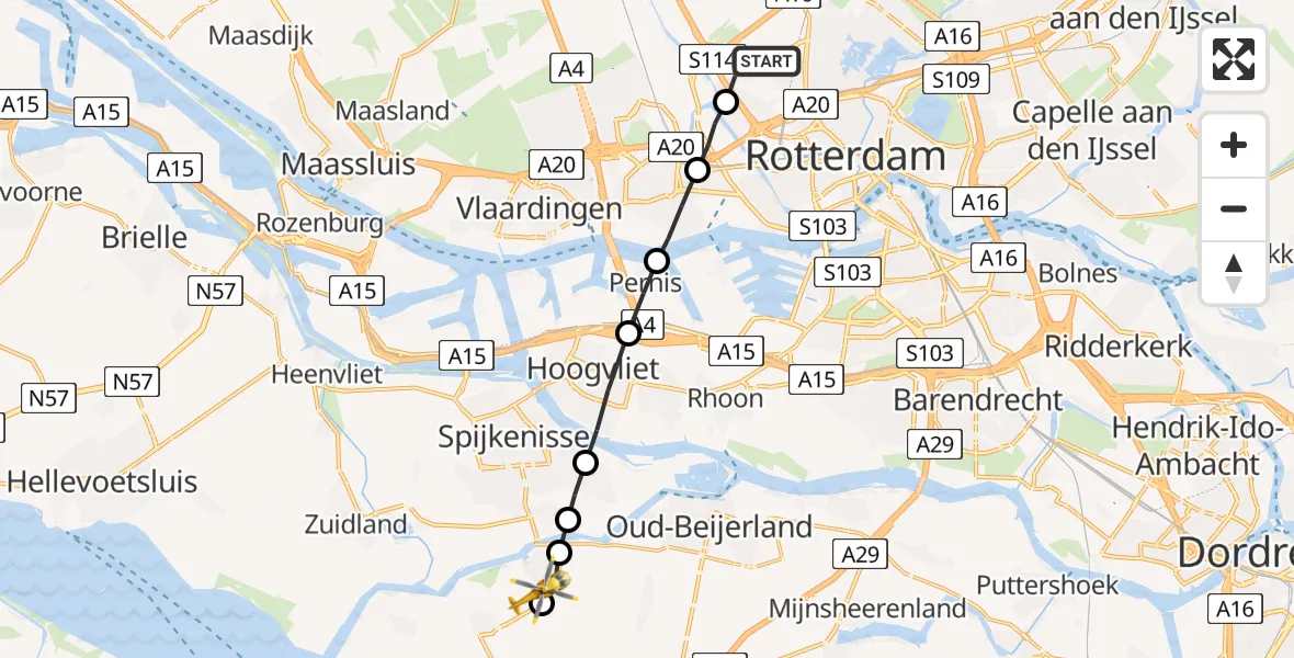 Vluchtroute Traumahelikopter Rotterdam The Hague Airport - Piershil, 03 maart 2023, 17:46