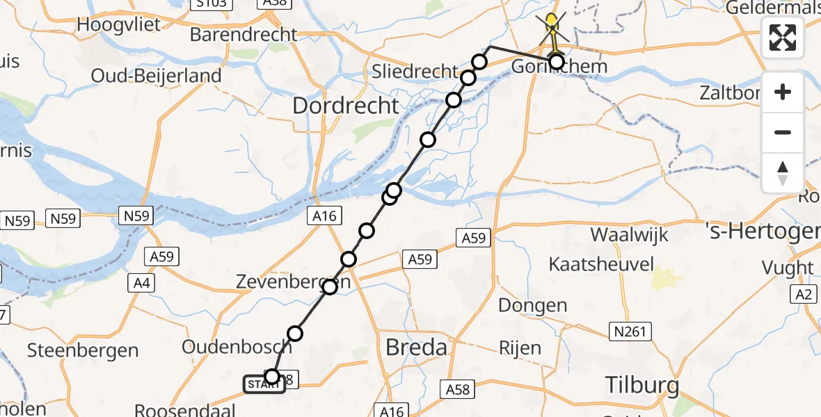 Routekaart van de vlucht: Politieheli naar Gorinchem