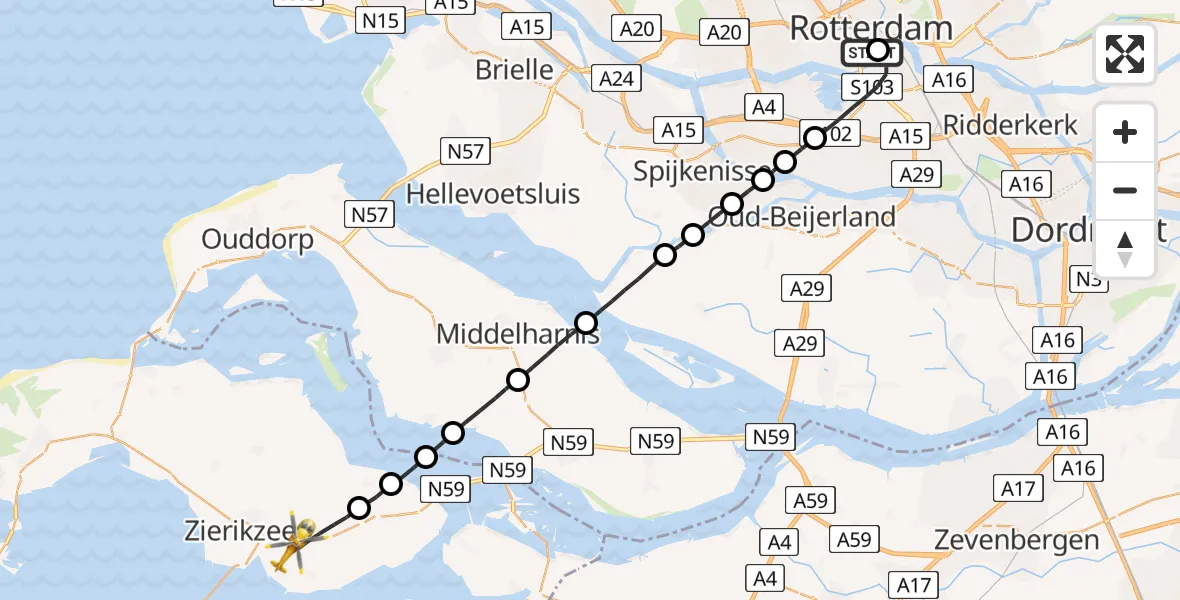 Vluchtroute Traumahelikopter Erasmus MC - Nieuwerkerk, 03 maart 2023, 19:05