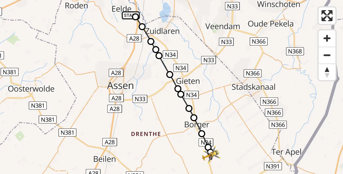 Vluchtroute Traumahelikopter Groningen Airport Eelde - Odoorn, 03 maart 2023, 19:10