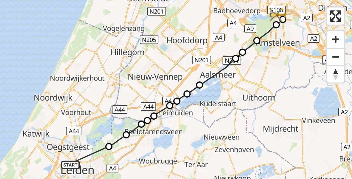 Vluchtroute Traumahelikopter Leiden - VU Medisch Centrum Amsterdam, 03 maart 2023, 22:40