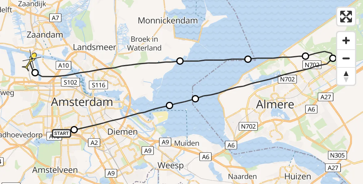 Routekaart van de vlucht: Lifeliner 1 naar Amsterdam Heliport
