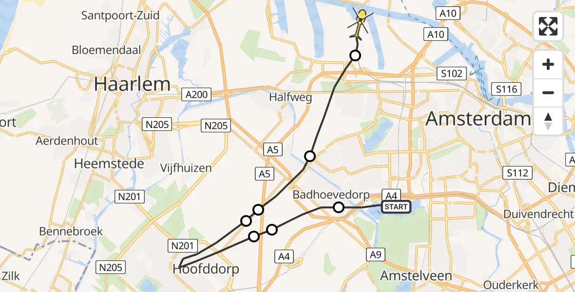 Routekaart van de vlucht: Lifeliner 1 naar Amsterdam Heliport