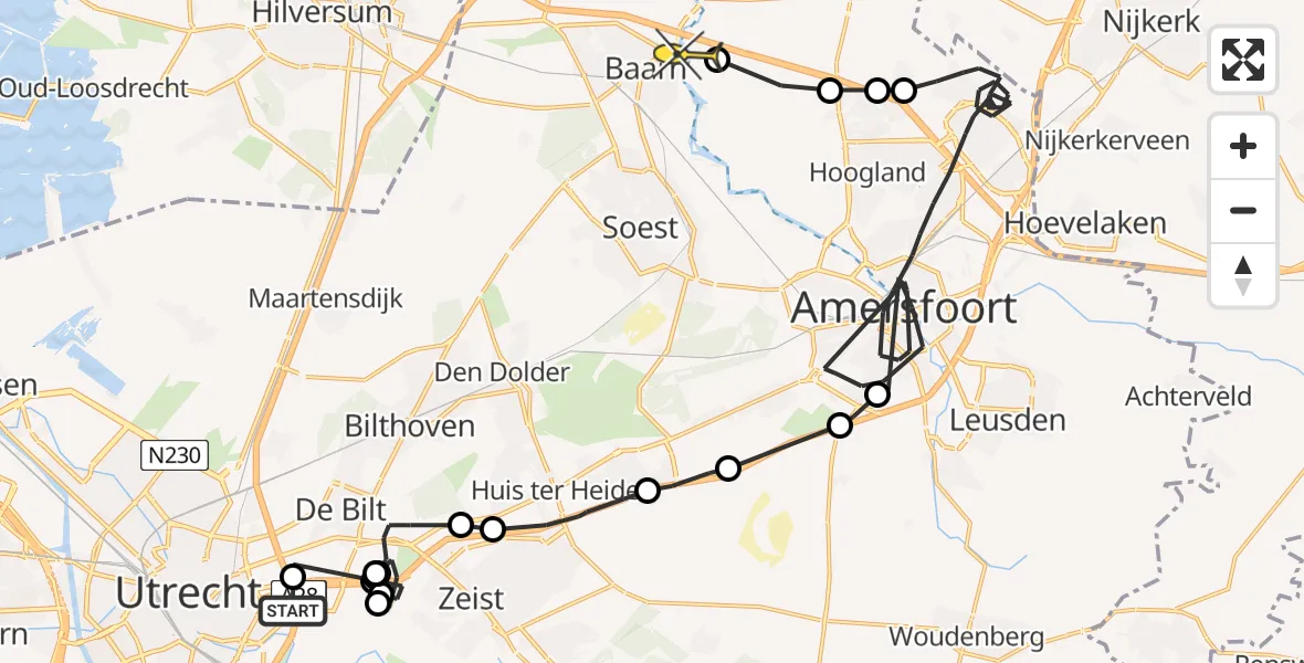 Routekaart van de vlucht: Politieheli naar Baarn