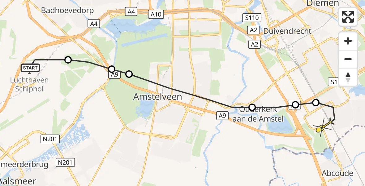 Routekaart van de vlucht: Lifeliner 1 naar Academisch Medisch Centrum (AMC)