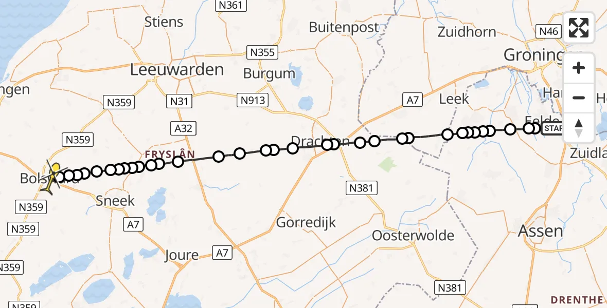 Routekaart van de vlucht: Lifeliner 4 naar Bolsward