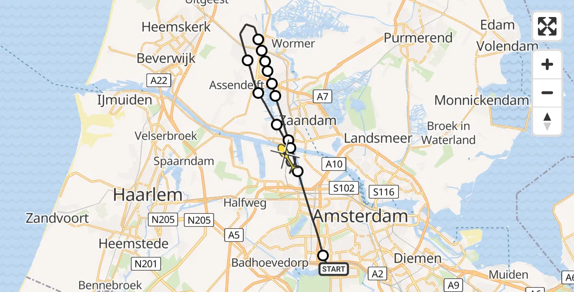 Routekaart van de vlucht: Lifeliner 1 naar Amsterdam Heliport