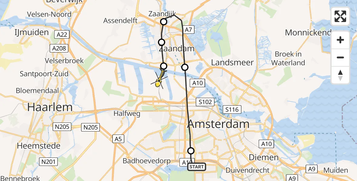 Routekaart van de vlucht: Lifeliner 1 naar Amsterdam Heliport