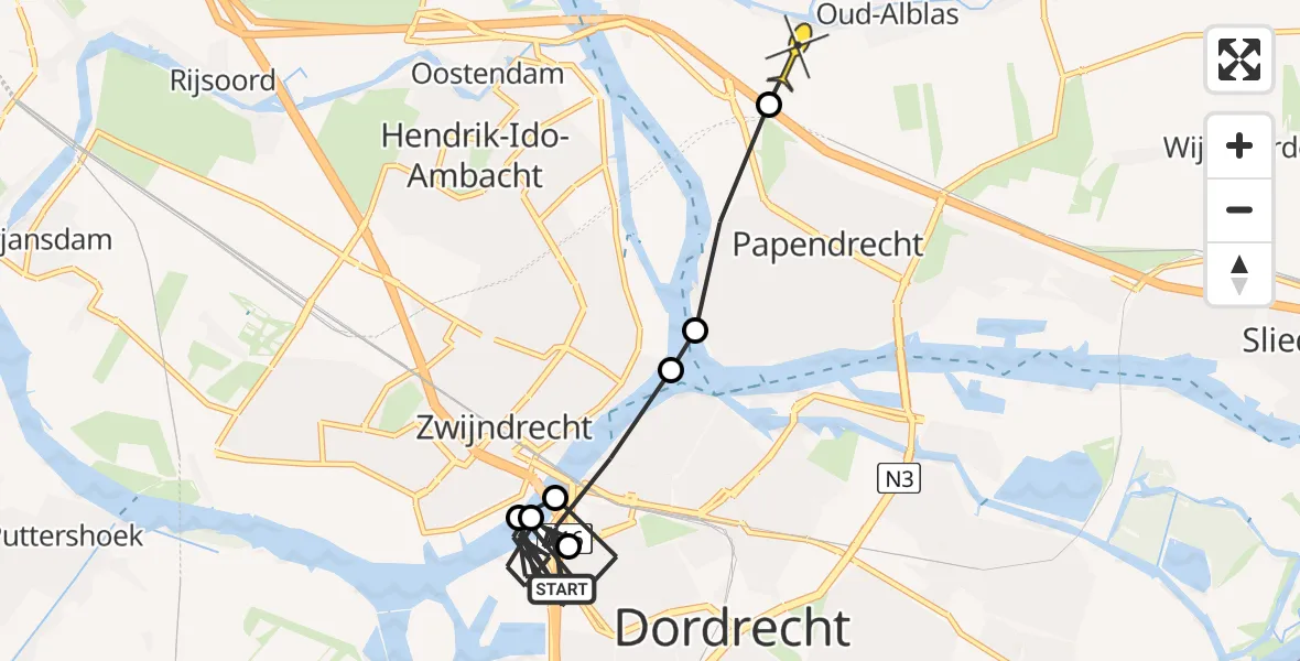 Routekaart van de vlucht: Politieheli naar Oud-Alblas