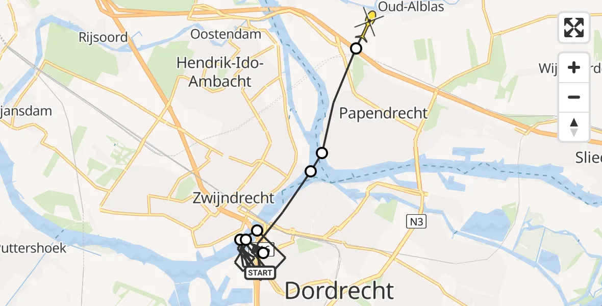 Routekaart van de vlucht: Politiehelikopter naar Oud-Alblas