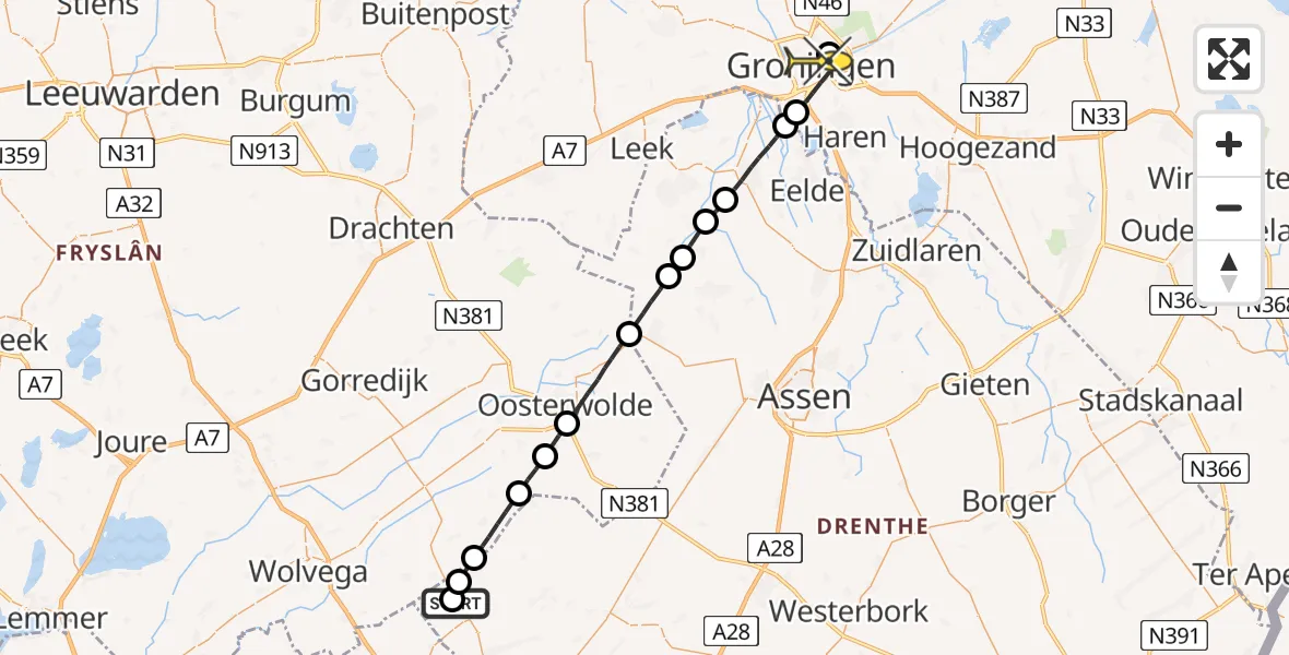 Routekaart van de vlucht: Lifeliner 4 naar Universitair Medisch Centrum Groningen