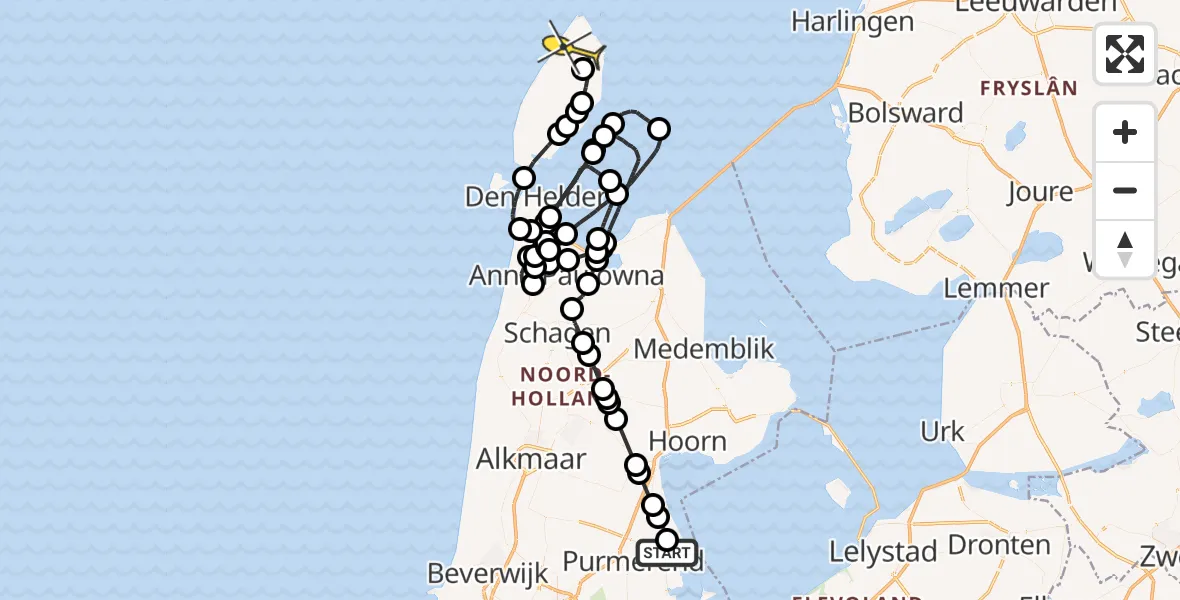 Routekaart van de vlucht: Politieheli naar De Cocksdorp