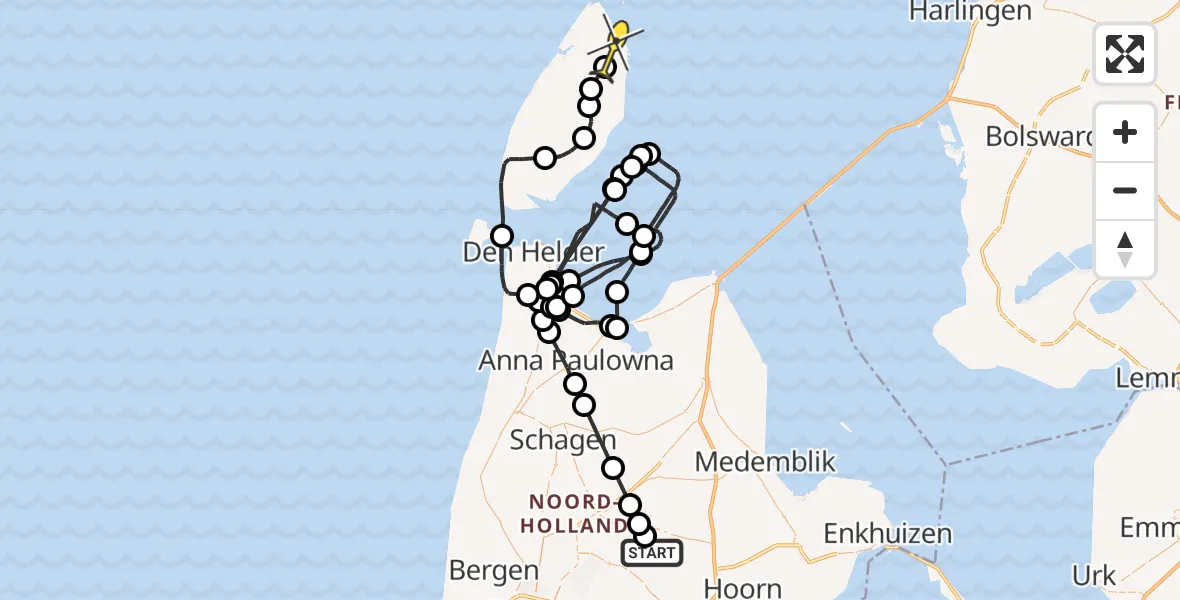 Routekaart van de vlucht: Politieheli naar De Cocksdorp