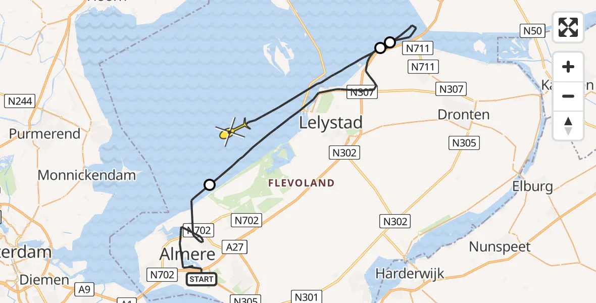 Routekaart van de vlucht: Politieheli naar Lelystad