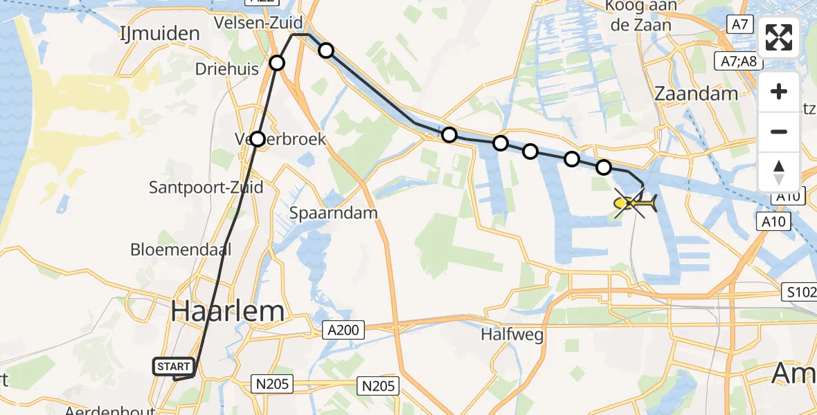 Routekaart van de vlucht: Lifeliner 1 naar Amsterdam Heliport