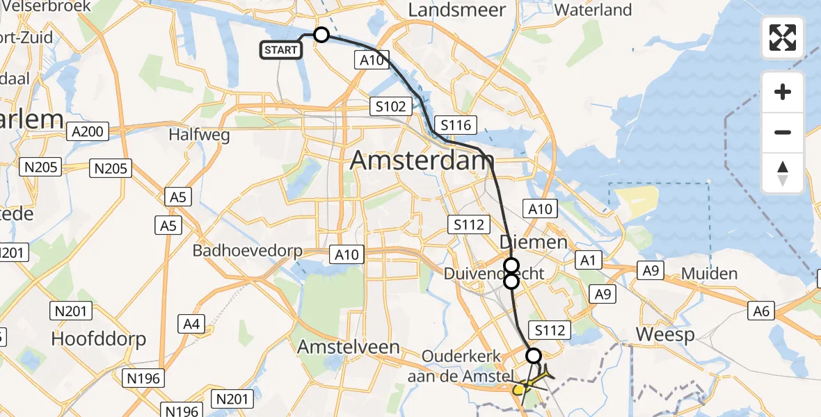 Routekaart van de vlucht: Lifeliner 1 naar Academisch Medisch Centrum (AMC)