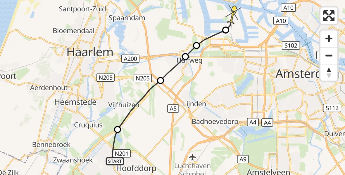 Routekaart van de vlucht: Lifeliner 1 naar Amsterdam Heliport